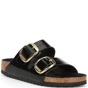 Birkenstock Glossy Black Sandals with Gold Accents